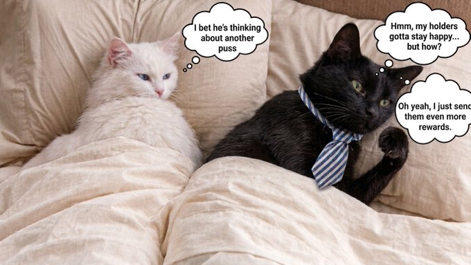 Two cats on a couch with humorous thought bubbles: the white cat thinks 'I bet he's thinking about another puss,' while the black cat wearing a tie thinks 'Hmm, my holders gotta stay happy... but how?' and 'Oh yeah, I just send them even more rewards.'