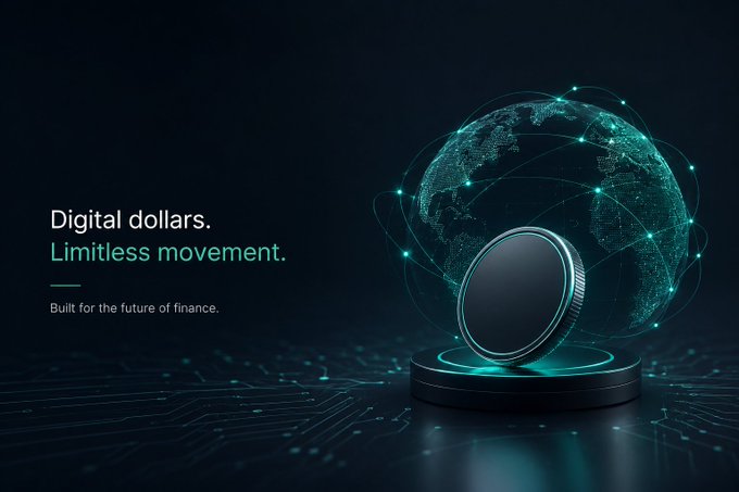 The image features the text "Digital dollars. Limitless movement. Built for the future of finance." alongside a glowing digital coin displayed in front of a wireframe globe on a circuit board surface, visually reinforcing the post's message about stablecoins enabling seamless cross-border value transfer without traditional banking intermediaries.