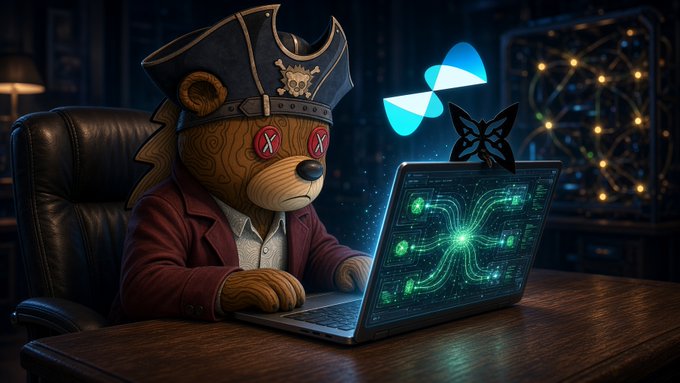 An AI-generated image of a bear dressed as a pirate with an eyepatch and X-button eyes, sitting at a desk using a glowing green laptop, with butterfly and fox icons floating above.