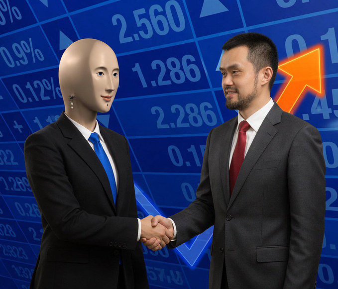 The image features two men dressed in suits shaking hands over a blue background with white text that reads "2,560", "1,868", and "0.01". The men are positioned next to each other, both facing forward as they engage in conversation or agreement. The scene suggests an important business meeting or negotiation taking place between the two individuals.