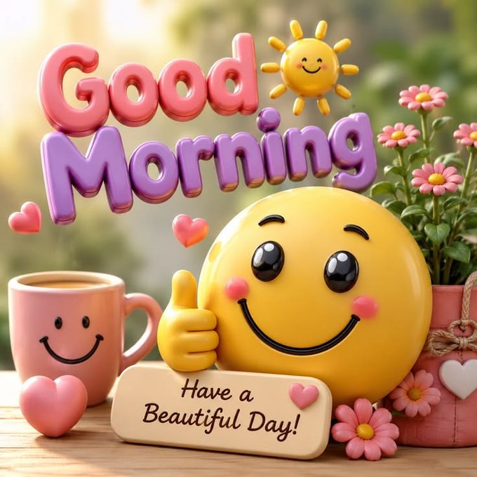 A cheerful digital illustration with the text 'Good Morning' and 'Have a Beautiful Day!', featuring a smiling yellow emoji face, a pink smiley face mug, hearts, and pink flowers.