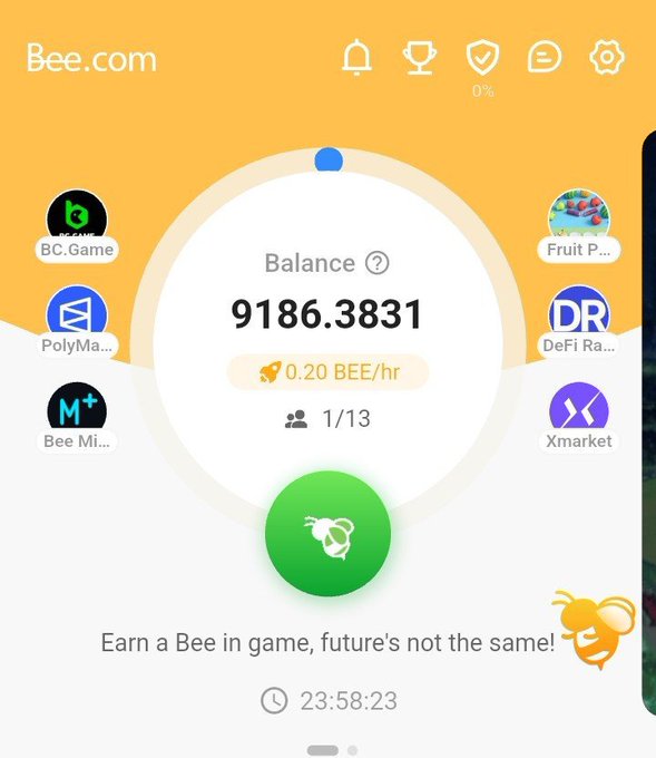 The image shows a "Bee.com" app interface displaying a balance of 9186.3831 BEE earning at 0.20 BEE/hr with a countdown of 23:58:23, surrounded by partner dApps like BC.Game, PolyMa..., Fruit P..., DeFi Ra..., Bee Mi..., and Xmarket. The slow earning rate and lengthy timer perfectly illustrate the user's frustration with the tedious mining process of $Bee tokens.

Caption: A Bee.com dashboard showing a balance of 9,186.3831 BEE earning at just 0.20 BEE/hr with a 23:58:23 countdown—visually capturing the painfully slow mining pace that's testing the user's patience.