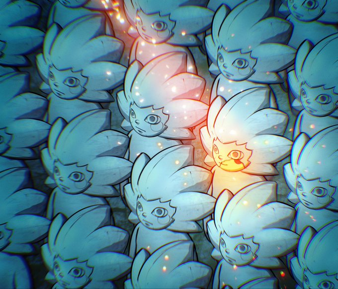 A repeating pattern of the cartoon "chog" character fills the frame, with one central figure glowing brightly while the others remain in cool blue tones—visually symbolizing the 1,100+ strong "true believers" army rallying around a single champion as referenced in the post.