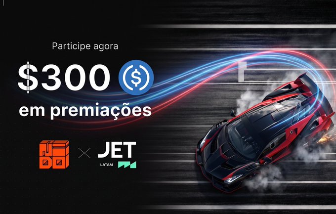 In this promotional image, a red sports car is racing down an asphalt road with blue and white streaks coming off the vehicle. The road appears to be wet due to rain or recent use of water, as there are puddles on its surface. In front of the racing car, there's an orange shipping box located near the top left corner of the image. The backdrop is a dark gray color, which contrasts with the vivid red of the sports car and orange of the box. The image also contains text that reads "Participe agora" on the left side, suggesting that people have signed up to participate in this event, and there's another line at the bottom that says "Em premiaes $300". It seems like a sponsored or paid advertisement for a car racing event where participants receive financial rewards.