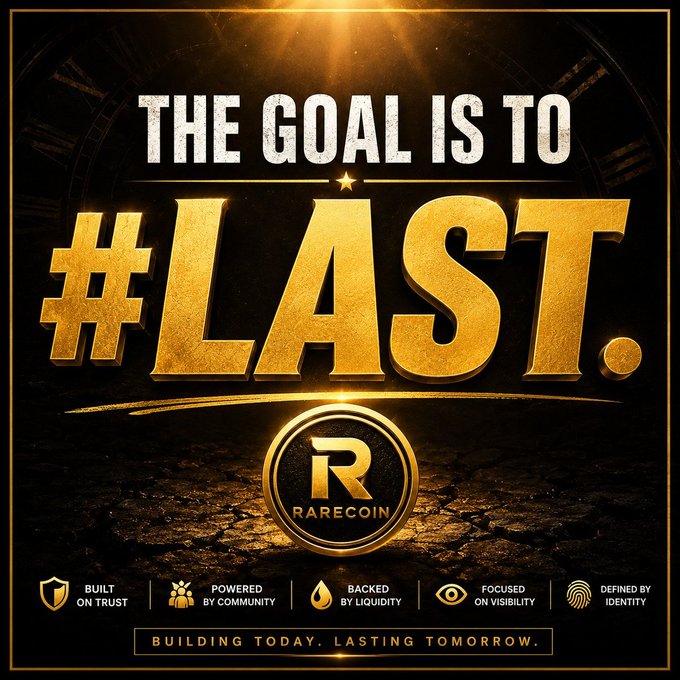 A promotional graphic with gold text reading 'THE GOAL IS TO #LAST.' on a black background, featuring a 'RARECOIN' logo and taglines including 'BUILT ON TRUST' and 'BUILDING TODAY. LASTING TOMORROW.'