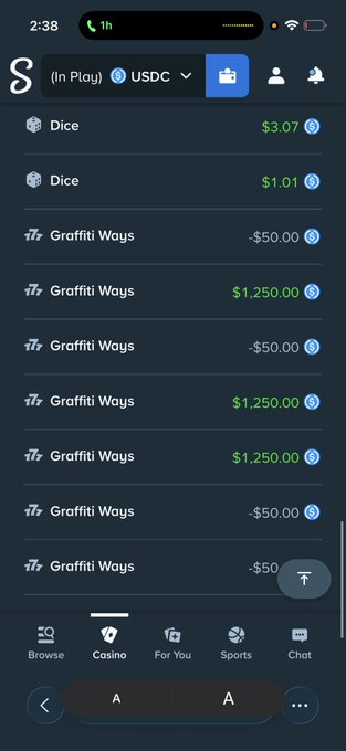 A mobile screenshot of a sports betting app showing a bet history list featuring Dice and 'Graffitii Ways' entries with various wins ($3.07, $1.01, $1,250.00) and losses (-$50.00, -$550.00), with USDC currency selected.