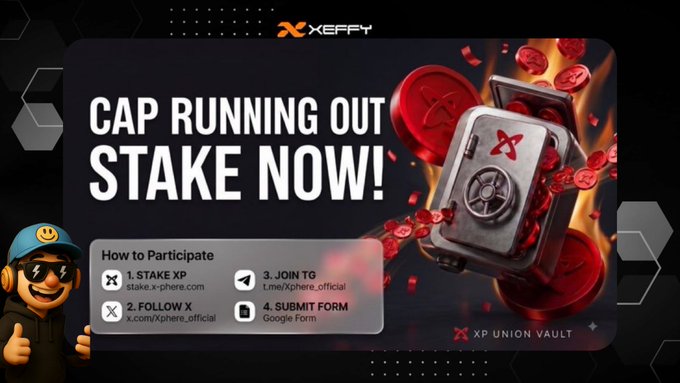 A promotional graphic for XEFFY reading "CAP RUNNING OUT STAKE NOW!" with instructions to stake XP, follow X, join Telegram, and submit a Google Form.