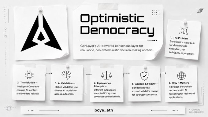 An infographic presentation slide titled "Optimistic Democracy" by boye_eth featuring a triangular logo and six numbered sticky notes outlining a framework: (1) The Problem—blockchains were built for deterministic execution, not ambiguity or judgment; (2) The Solution—intelligent contracts use AI, context, and live data reliably; (3) AI Validation—staked validators use diverse AI models to assess outcomes; (4) Equivalence Principle—different outputs are accepted if they meet developer-defined criteria; (5) Appeals & Finality—bonded appeals and validator review expand consensus; and (6) Why It Matters—it bridges blockchain certainty with AI reasoning for real-world applications. The subtitle reads "GenLayer's AI-powered consensus layer for real-world, non-deterministic decision-making onchain," visually supporting the post's point about extending blockchain beyond strictly deterministic execution to handle AI-driven, variable outcomes.

The image is tagged "// FUTURE IS COLLABORATIVE" at the bottom.