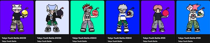 Six colorful Tokyo Youth Battle character designs labeled #4029 through #306, each featuring a stylized character holding a tomato weapon against different colored backgrounds.
