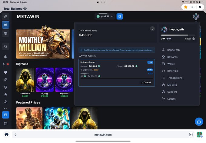 Screenshot of the Metawin gaming platform showing a 'Total Bonus Value' of $499.66 with an active 'Holders Comp' bonus for user 'heppe_eth'.