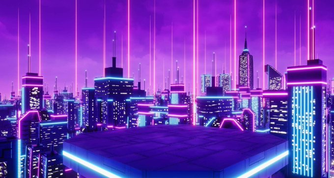 A vibrant purple and pink cyberpunk cityscape with glowing skyscrapers and vertical light beams against a dark sky.