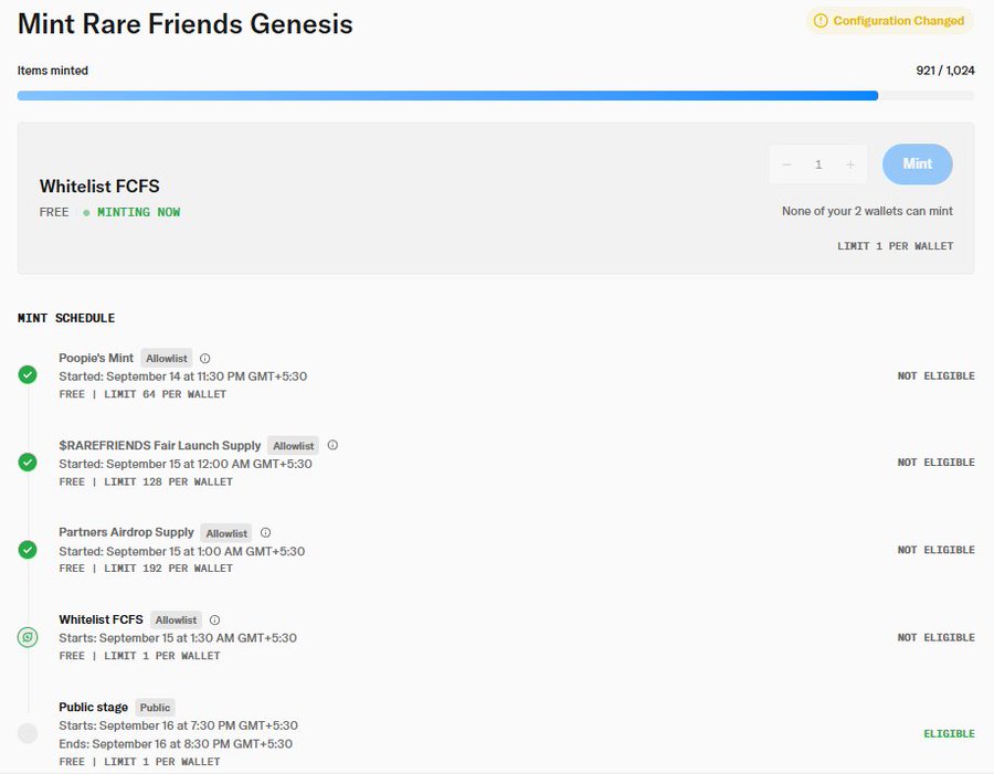 A webpage for 'Mint Rare Friends Genesis' showing the minting progress at 921/1,024, with a 'Whitelist FCFS' minting stage currently active.