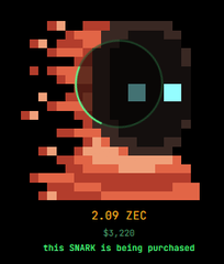 A pixel art SHARK NFT being purchased for 2.09 ZEC ($1,220) on a black background with red accents.
