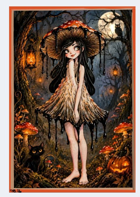 A gothic Halloween-themed illustration of a pale girl with long dark hair wearing a dress made of a melting red-and-white spotted mushroom cap, standing barefoot in a spooky forest with a black cat, jack-o'-lantern, and full moon.