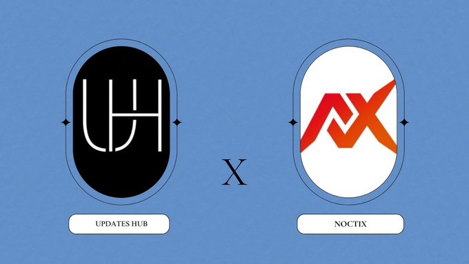 A promotional graphic on a blue background featuring two oval logos: a black 'UH' logo labeled 'UPDATES HUB' on the left, and a red mountain-style 'AX' logo labeled 'NOCTIX' on the right, separated by an 'X'.