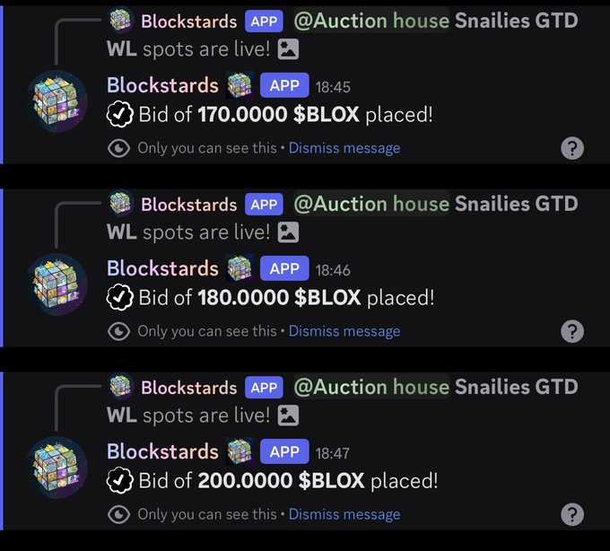 Three Discord notifications from the Blockstards app showing auction bids placed at 170, 180, and 200 $BLOX for "Snailies GTD WL spots."