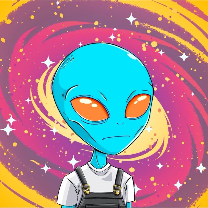 A cartoon illustration of a blue alien with large orange eyes wearing a white shirt and overalls, set against a swirling pink and yellow cosmic background with stars.