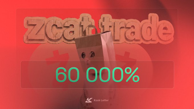 The image features a promotional graphic on a red background displaying the ticker "zcat.trade" in large cardboard-style lettering, with a prominent "60 000%" highlight in a bordered box, celebrating the massive gains referenced in the caption about cooking on $ZCAT. The Kook Letter logo appears at the bottom, tying the celebration to the platform's brand.