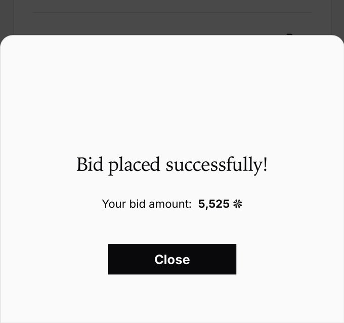 A confirmation popup reads "Bid placed successfully! Your bid amount: 5,525 ✱" with a "Close" button.
