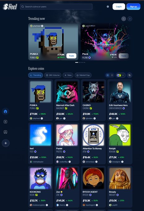 Screenshot of the Feel platform showing trending and explore sections for coins, including PUNKA, Plonk, Marmot After Dark, CASINO, Erik Voorhees Hero, feel, Pastel, Attention To Money, Rohajk, KOOKONG, Zoe, BYOCH AGENT, and Bready.