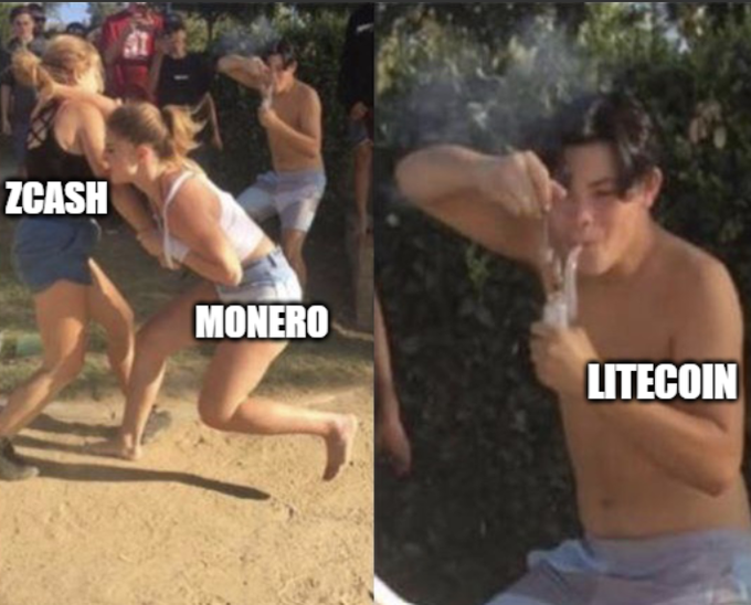 This meme depicts Zcash and Monero fighting, while Litecoin is depicted smoking. This relates to the post's caption "Gettin' spicy up in here" by showing a humorous take on the cryptocurrency market.