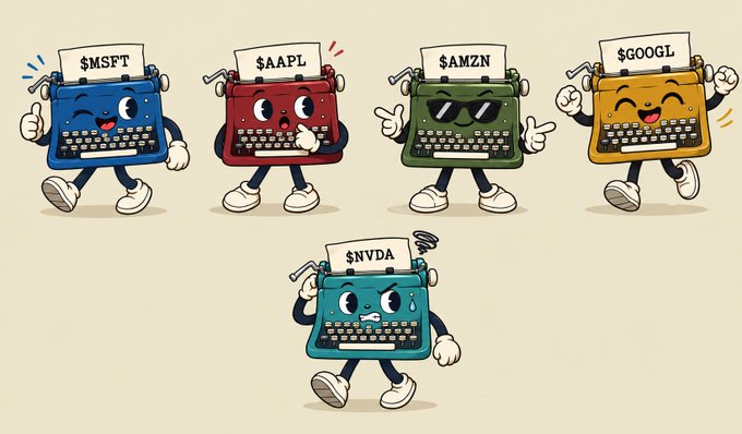 A cartoon illustration shows anthropomorphic typewriters representing stock tickers $MSFT, $AAPL, $AMZN, $GOOGL, and $NVDA, each with a different playful expression and pose.