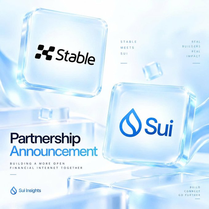 A partnership announcement graphic between 'Stable' and 'Sui', featuring their logos on glass cubes with the text 'STABLE MEETS SUI' and 'BUILDING A MORE OPEN FINANCIAL INTERNET TOGETHER', credited to 'Sui Insights'.