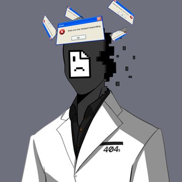 A digital illustration of a figure in a white lab coat with a pixelated black face and browser error windows ('404') floating around their head.