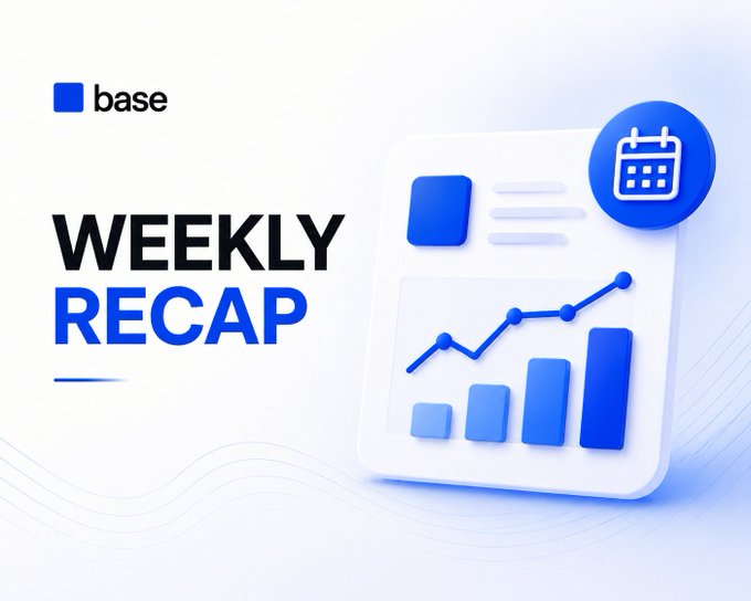 A clean blue and white graphic branded with the 'base' logo, displaying 'WEEKLY RECAP' alongside illustrations of a calendar icon, bar charts, and a line graph.
