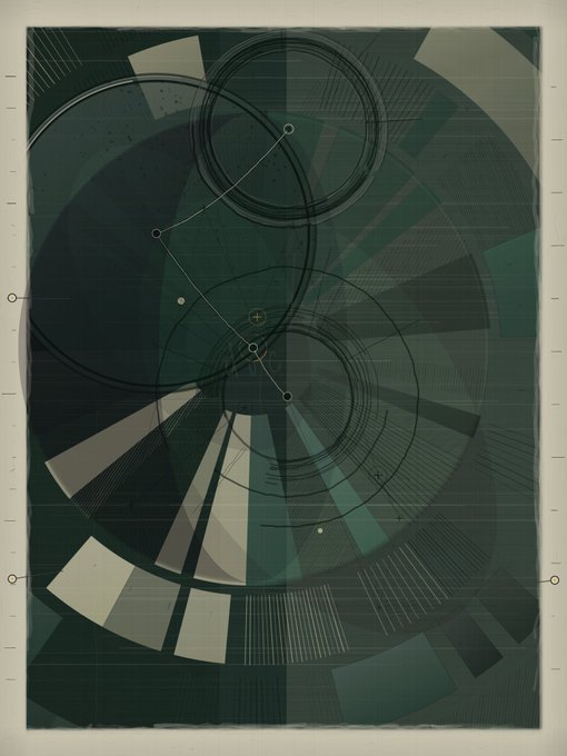 An abstract geometric print featuring overlapping circles, radiating wedges, and grid lines in shades of dark green, teal, and beige.