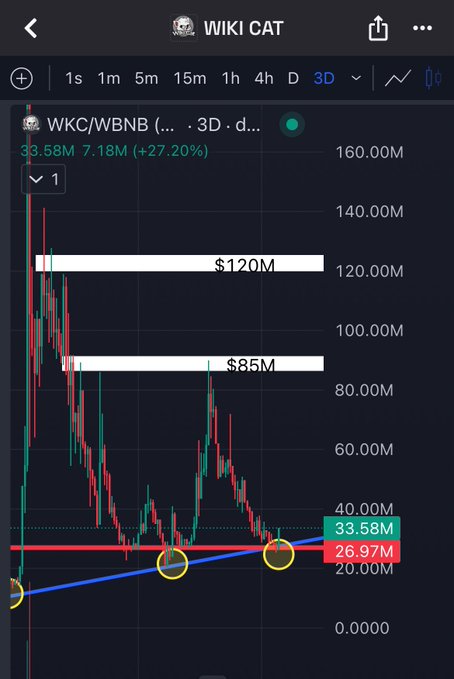 A cryptocurrency trading chart shows WKC/WBNB (Wiki Cat) currently at $33.58M with a +27.20% gain, featuring horizontal resistance markers at $85M and $120M, with an upward trendline intersecting two circled support points, visually reinforcing the prediction that Wiki Cat will break through the $85M level next before targeting $120M.