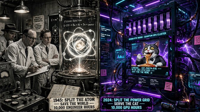A split illustration comparing 1945 scientists splitting the atom in a vintage lab with a fission reaction (U-235 + Ba + Kr + 3n + Energy) to 2024 servers splitting power to save a cat, captioned 'Split the Atom / Split the Power Grid — 10,000 Engineer Hours / 10,000 GPU Hours.'