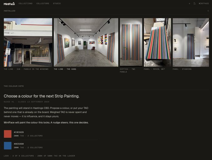 The MintFace website displaying a 'THE COLOUR VOTE' section where users can choose a color for the next Strip Painting by 'Nudge', with options shown for #C8392B (200K TAO, 2 COLLECTORS) and #0E5B90 (200K TAO, 2 COLLECTORS).
