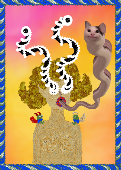 Surreal digital art collage on an orange-pink gradient background featuring a textured tree, a cartoon cat with a long pink tongue, small worm-like figures, and squiggly black-and-white creatures with eyes.