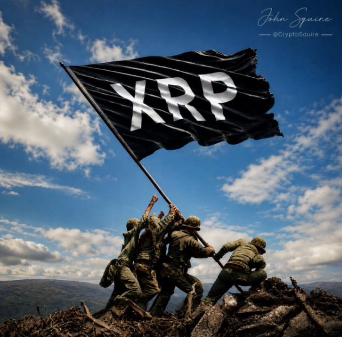 An image styled like the iconic Iwo Jima flag-raising photo, featuring soldiers raising a black flag with "XRP" in white letters, credited to "John Squire @CryptoSquire".