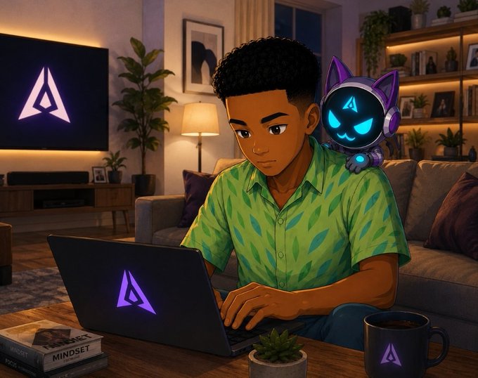 Cartoon illustration of a young person working on a laptop displaying an 'A' logo, with a purple robotic cat companion on their shoulder, set in a cozy living room.