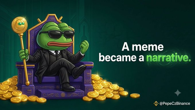 A promotional graphic featuring the Pepe the Frog meme dressed in a black suit and sunglasses, sitting on a throne of gold coins and holding a scepter, alongside the text "A meme became a narrative" and the handle "@PepeCzBinance."