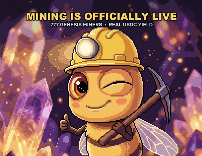 A pixel art promotional graphic featuring a winking miner character with a hard hat and pickaxe, with text announcing "MINING IS OFFICIALLY LIVE" and "777 GENESIS MINERS • REAL USDC YIELD".
