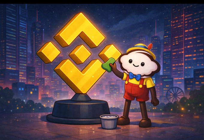 A cute cartoon character in a yellow hat and red overalls polishes a glowing golden Binance logo monument with a sponge, set against a city skyline at night.