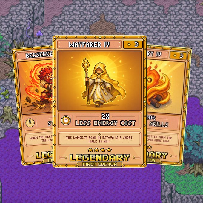 Three pixel-art game cards are displayed on a fantasy map background; the central 'WAYFARER IV' legendary card features a hooded robed figure with a staff and reads '2x LESS ENERGY COST' and 'THE LONGEST ROAD IN ESTOVA IS A SHORT WALK TO HIM.'