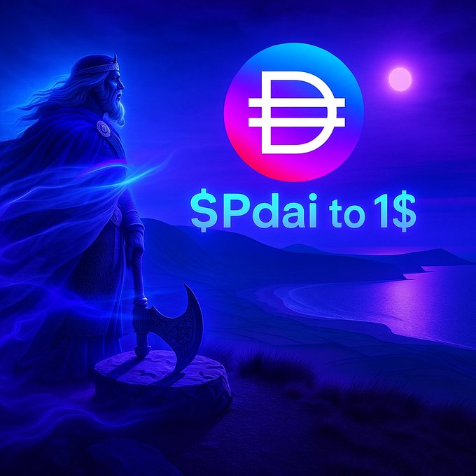 The image depicts a man standing atop a cliff with his hand on an axe. He appears to be looking down towards the water below him while holding the large axe securely. There are two circles prominently displayed in the image, one being a blue and purple circle that resembles the moon or the sky at night, and another smaller circular symbol, possibly representing $pDAI to 1$, indicating that there is a 100% certainty about this transaction taking place on the platform. The overall scene suggests an imminent or certain event related to the digital currency in question.