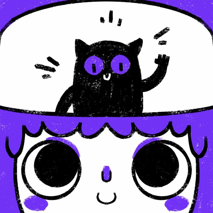 A stylized illustration features a black cat with large purple eyes peeking out from a white and purple container or space helmet.