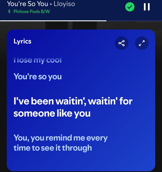A Spotify lyrics screen showing the song 'You're So You' by Lloyiso on Philose Pods B/W, with lyrics including 'I lose my cool' and 'I've been waitin', waitin' for someone like you'.