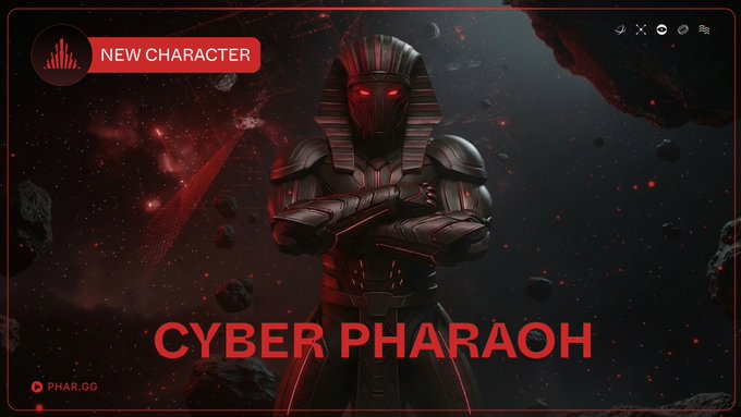 The image features a poster with a man dressed as a pharaoh, standing against a dark background with red flames. The poster also includes text that reads "New character" and "Cyber Pharaoh". This suggests that there might be an upcoming game or release of a new character in the game.