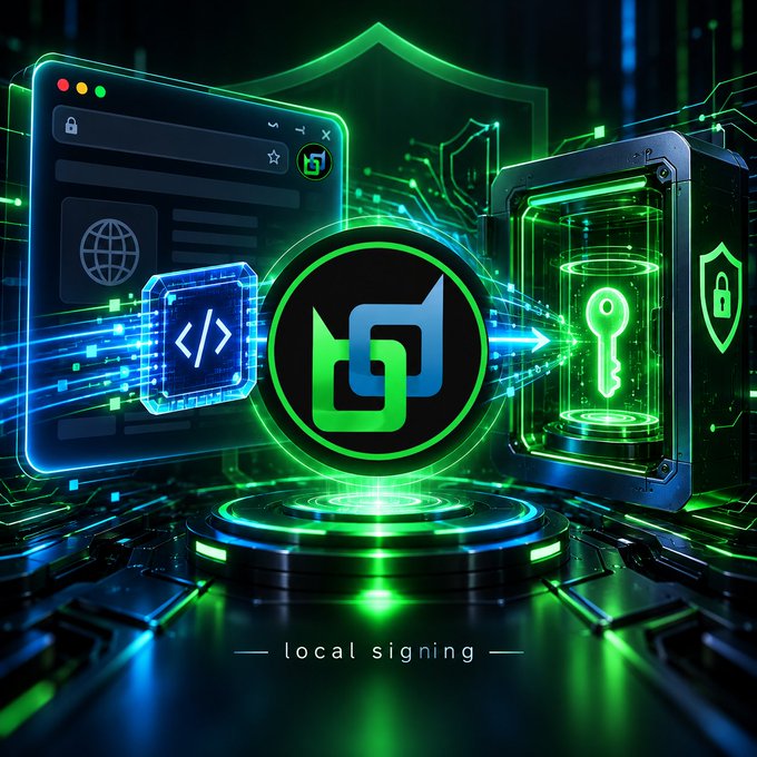 A futuristic digital illustration for 'local signing' featuring green and blue neon circuit aesthetics with a key icon and shield symbol.