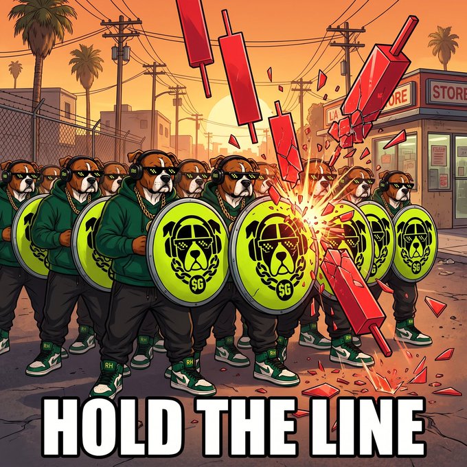 A vibrant illustration titled 'HOLD THE LINE' depicts a row of bulldog characters wearing green hoodies and gold chains, holding lime-green shields with a face logo while red candlesticks crash and shatter against them on a sunset-lit urban street.