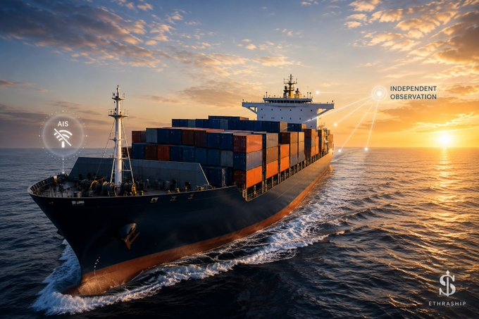 A cargo ship at sea at sunset with overlays showing 'AIS' and 'INDEPENDENT OBSERVATION', with the 'ETHASHIP' logo in the bottom right corner.