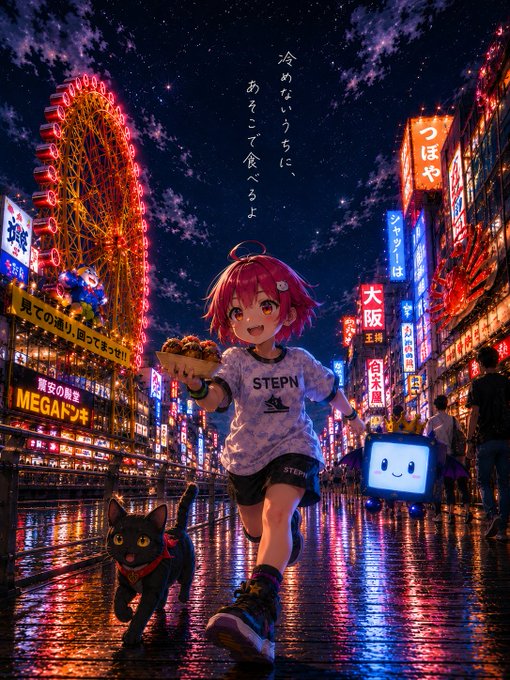 ikebana artist's illustration of a girl and her cat, surrounded by neon signs and a ferris wheel at night.