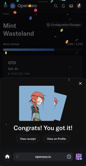 An OpenSea mobile app screen showing a successful mint of an NFT from the 'Wasteland' collection, displaying 'Congrats! You got it!' with options to view receipt or view on profile.