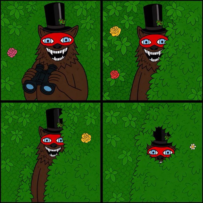 Four-panel cartoon illustration of a brown furry creature wearing a red bandit mask and black top hat with a shamrock, progressively hiding behind green bushes until only its hat and eyes remain visible, accompanied by pink, red, and yellow roses.